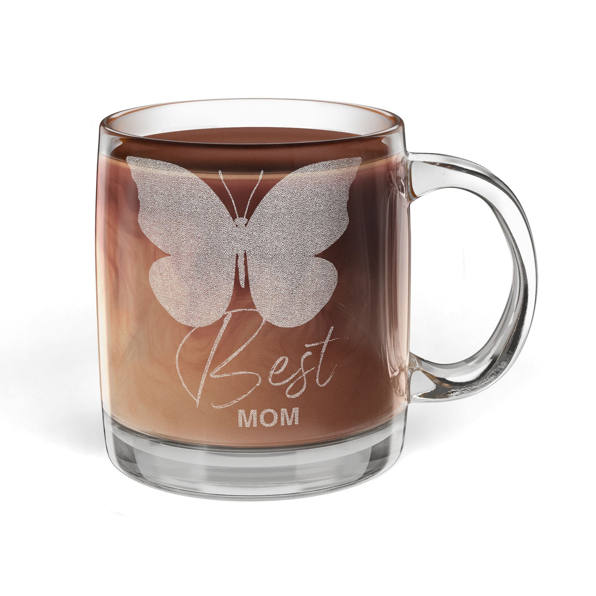 Engraved Glass Coffee Mug — Butterfly "Love" Design, 12.25 oz (Perfect Gift for Mom) - Shante's Bazaar