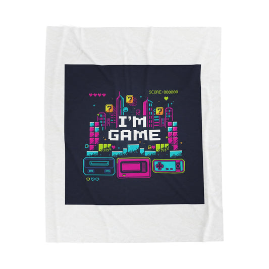 I'm Game Pixel Art Velveteen Plush Blanket | Retro Gaming HUD, Indie RPG Meme - Shante's Bazaar