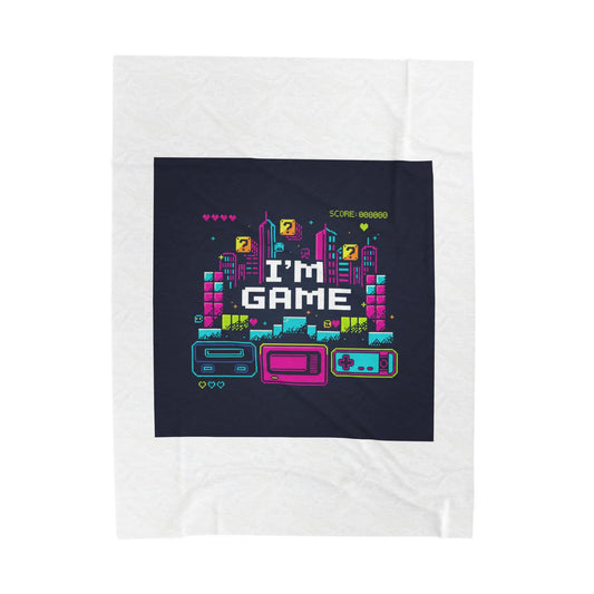I'm Game Pixel Art Velveteen Plush Blanket | Retro Gaming HUD, Indie RPG Meme - Shante's Bazaar