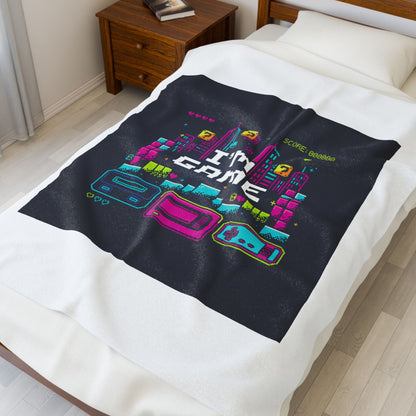 I'm Game Pixel Art Velveteen Plush Blanket | Retro Gaming HUD, Indie RPG Meme - Shante's Bazaar