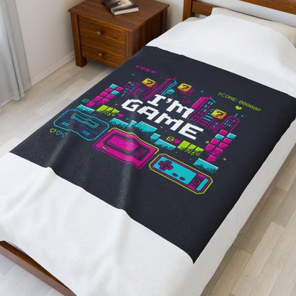 I'm Game Pixel Art Velveteen Plush Blanket | Retro Gaming HUD, Indie RPG Meme - Shante's Bazaar