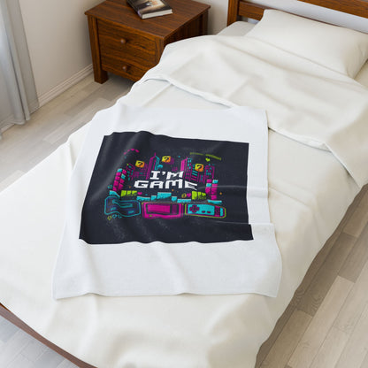 I'm Game Pixel Art Velveteen Plush Blanket | Retro Gaming HUD, Indie RPG Meme - Shante's Bazaar