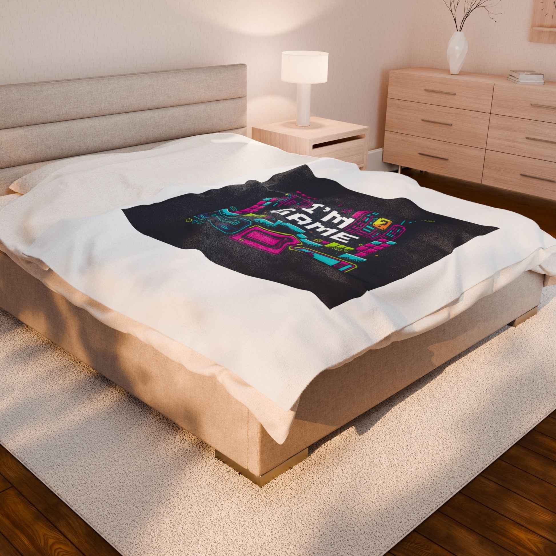 I'm Game Pixel Art Velveteen Plush Blanket | Retro Gaming HUD, Indie RPG Meme - Shante's Bazaar